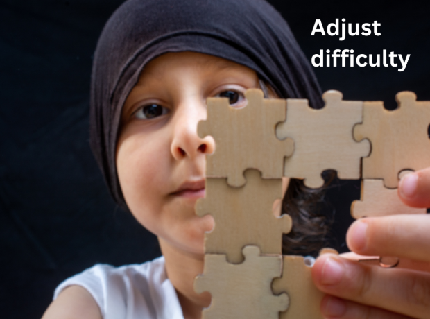 A child with a wooden puzzle, captioned 'Adjust difficulty'