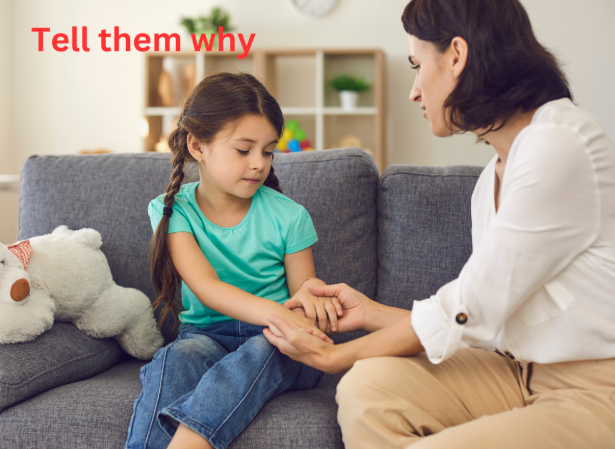 A mother and daughter talking, hand in hand, captioned 'Tell them why'